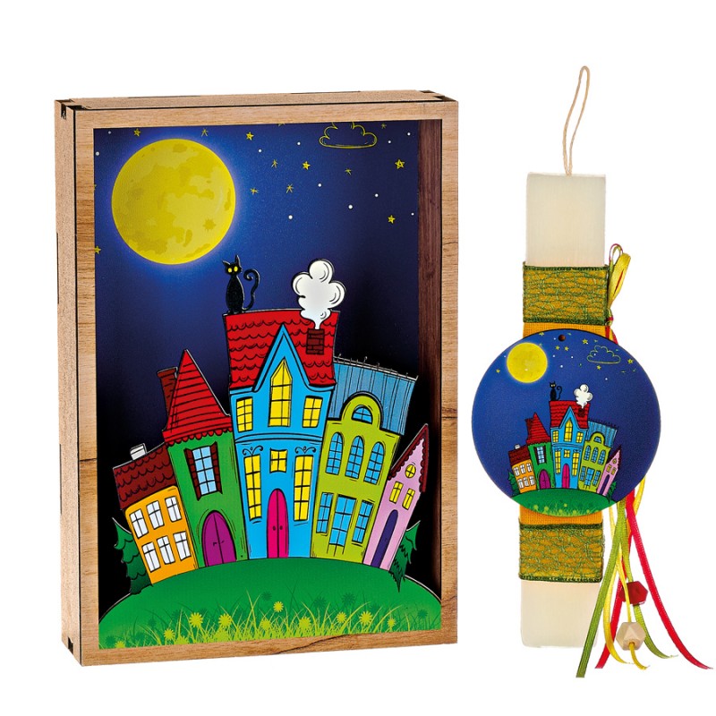 Σετ Πασχαλινή Λαμπάδα Με Ξύλινο Κάδρο - Φεγγάρι - Παραμυθένια Πόλη - ΚΑΔ1201
