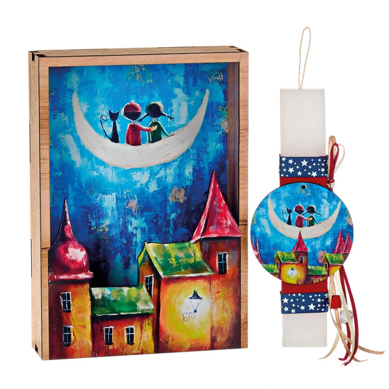 Σετ Πασχαλινή Λαμπάδα Με Ξύλινο Κάδρο - Φεγγάρι - Παραμυθένια Πόλη - ΚΑΔ1219