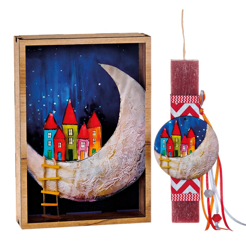 Σετ Πασχαλινή Λαμπάδα Με Ξύλινο Κάδρο - Φεγγάρι - Παραμυθένια Πόλη - ΚΑΔ1220
