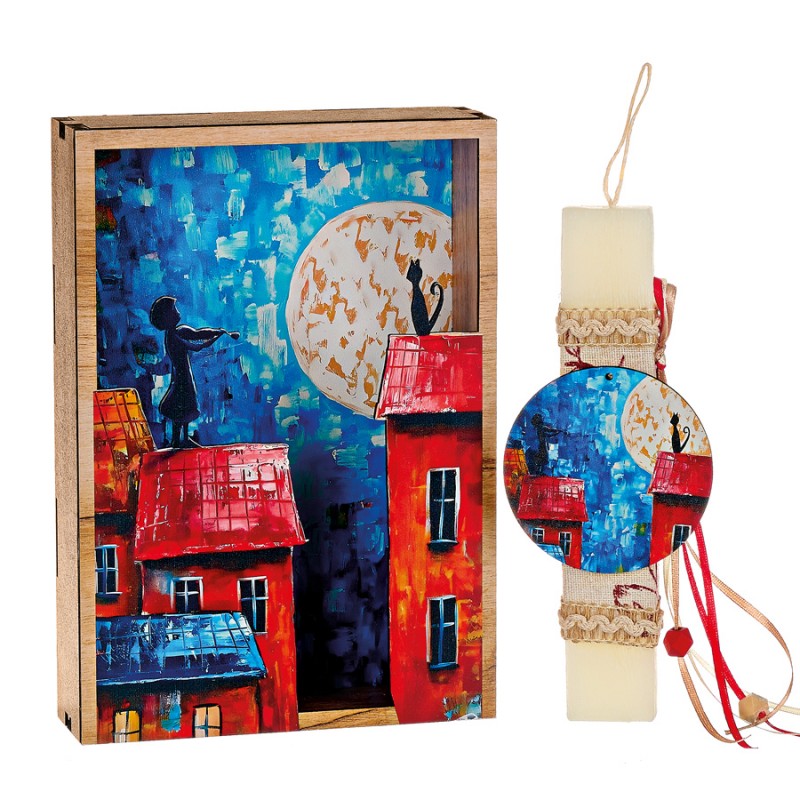 Σετ Πασχαλινή Λαμπάδα Με Ξύλινο Κάδρο - Φεγγάρι - Παραμυθένια Πόλη - ΚΑΔ1221