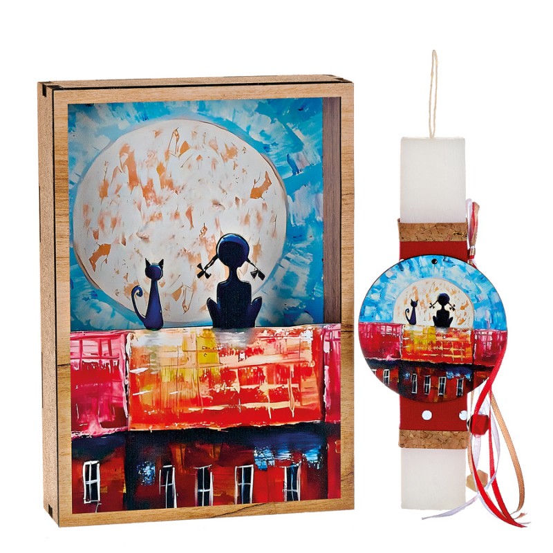 Σετ Πασχαλινή Λαμπάδα Με Ξύλινο Κάδρο - Φεγγάρι - Παραμυθένια Πόλη - ΚΑΔ1222