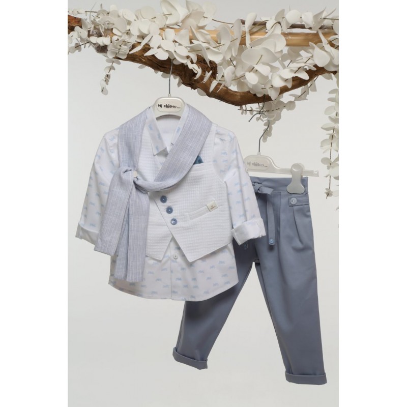 Βαπτιστικό Κοστουμάκι Mi Chiamo Λευκό-Σιέλ Α4763-ΛΣ