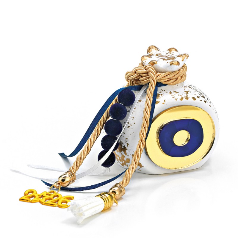 Χριστουγεννιάτικο Επιτραπέζιο Κεραμικό Λευκό Γούρι Ρόδι ΕΓ22244