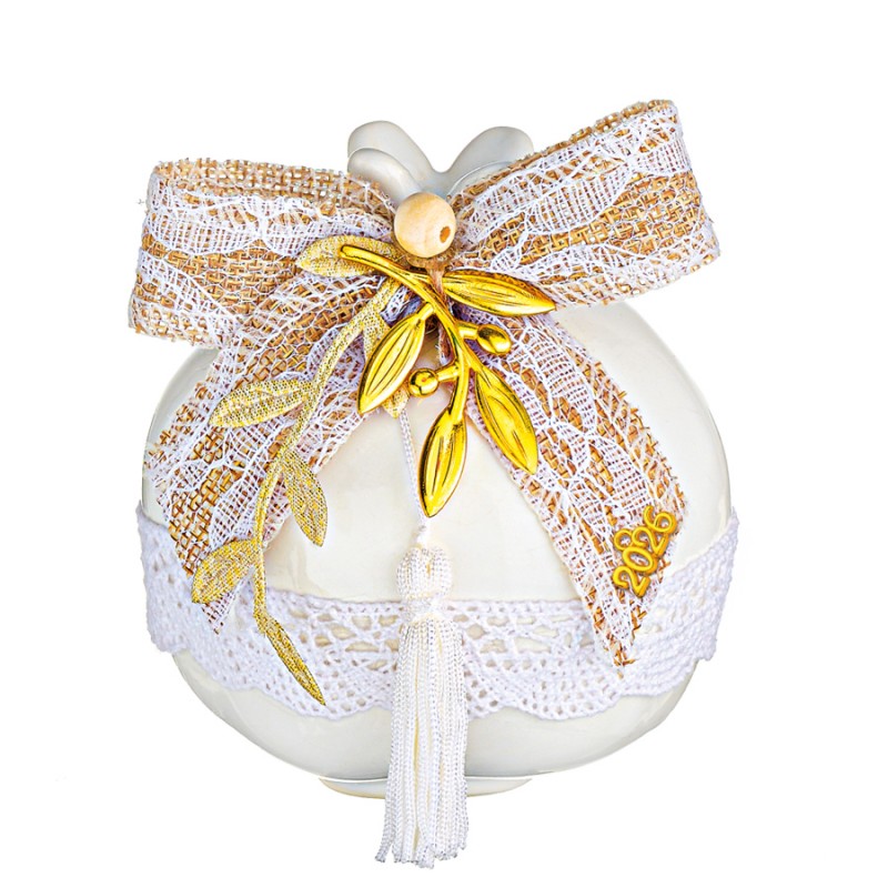 Χριστουγεννιάτικο Επιτραπέζιο Κεραμικό Λευκό Γούρι Ρόδι ΕΓ24388