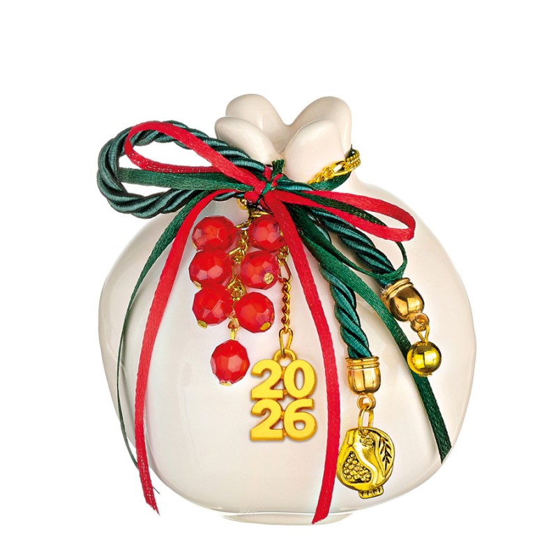 Χριστουγεννιάτικο Επιτραπέζιο Κεραμικό Λευκό-Πράσινο-Κόκκινο Γούρι Ρόδι ΕΓ24393