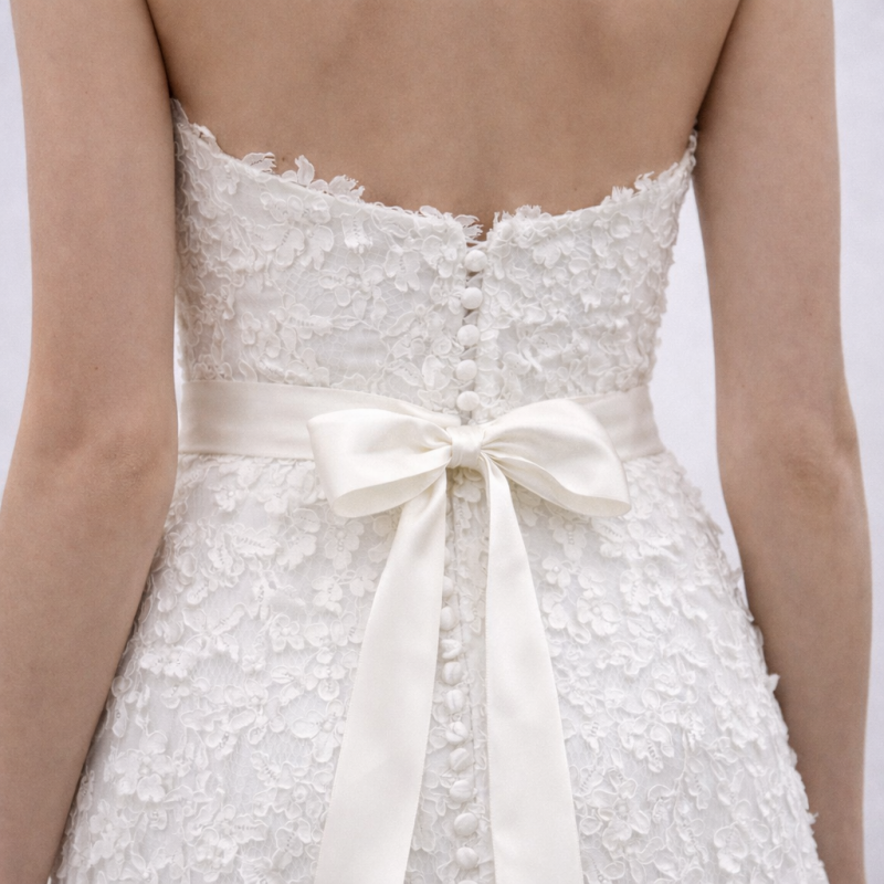 Λευκό Νυφικό Από Γαλλική Δαντέλα Με Ζώνη & Φιόγκο Πίσω (Size 38-40)