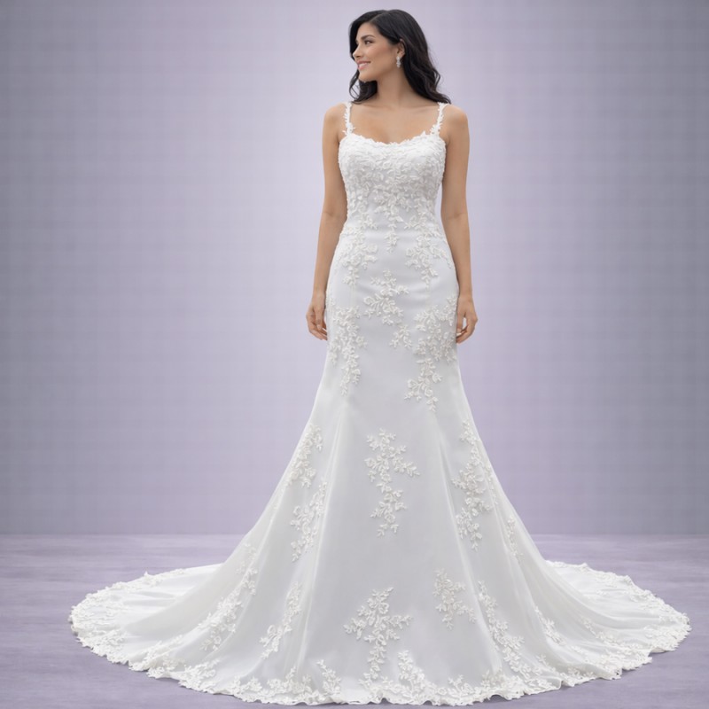 Ιβουάρ Νυφικό Γοργονέ Με Δαντέλα & Λεπτές Τιράντες (Size 38-40)