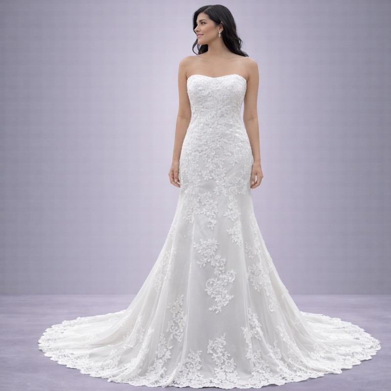 Λευκό Στράπλες Νυφικό Γοργονέ Με Δαντέλα & Ουρά (Size 38-40)