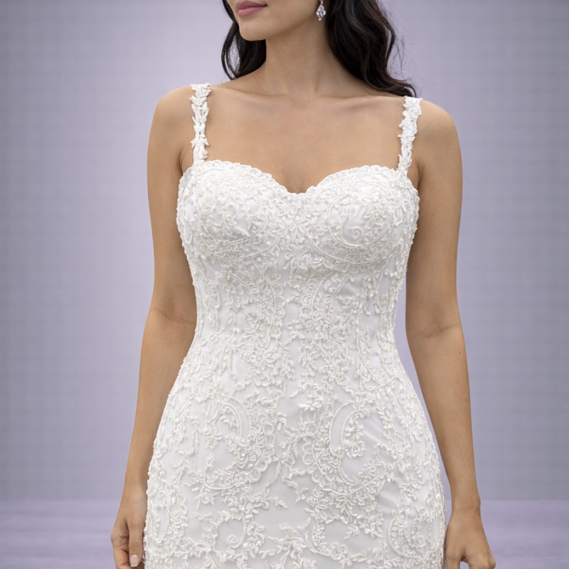 Λευκό Νυφικό Γοργονέ Με Δαντέλα & Τιράντες (Size 38-40)