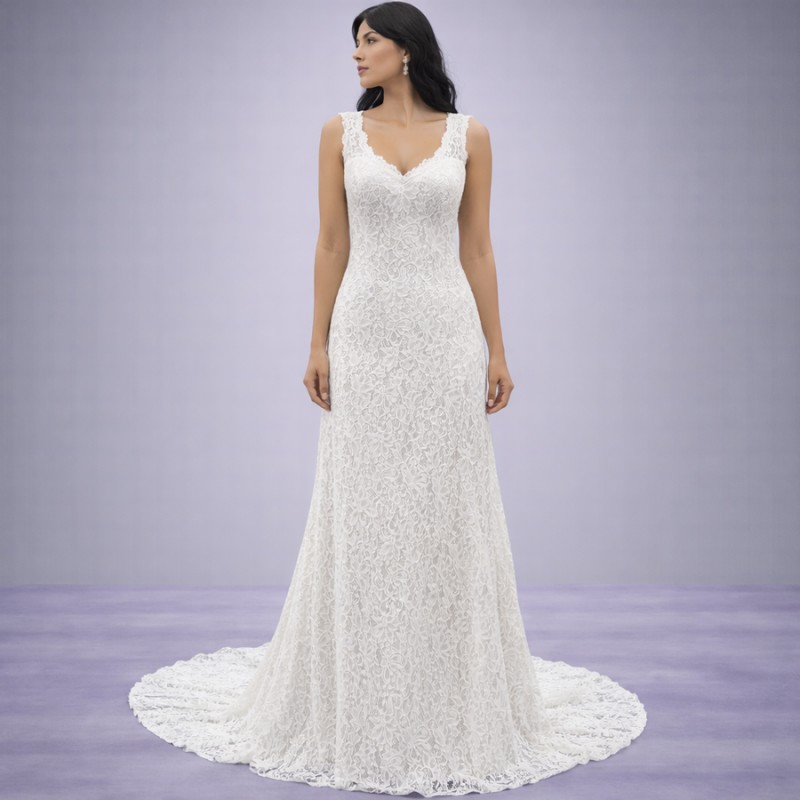 Ιβουάρ Νυφικό Σε Ίσια Γραμμή Με V Ντεκολτέ (Size 40-42)