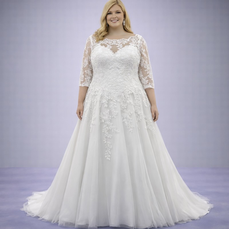 Λευκό Νυφικό Σε Άλφα Γραμμή Με Illusion Λαιμόκοψη (Size 52-54)