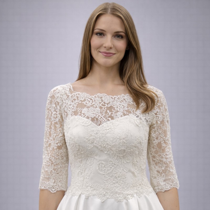 Ιβουάρ Νυφικό Με Δαντέλα & Μανίκια 3/4 (Size 38-40)