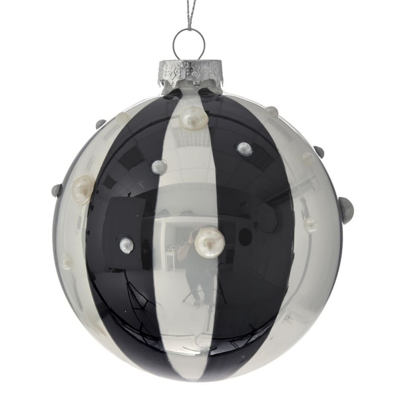 Γυάλινη Λευκή/Μαύρη Ριγέ Μπάλα Με Πέρλες - Σετ 8τμχ. (10εκ.) 75164 