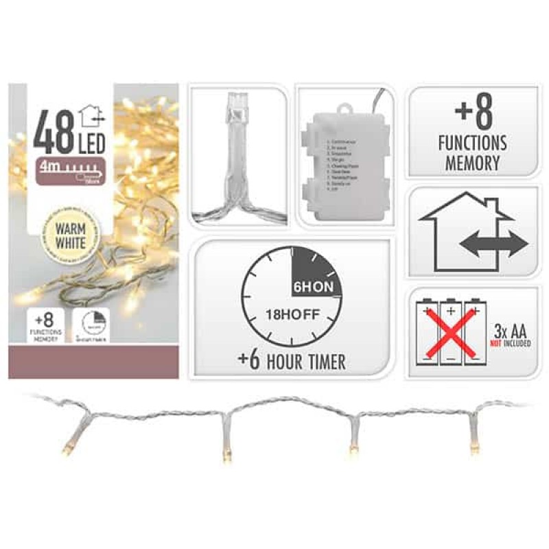 Χριστουγεννιάτικα Φωτάκια Μπαταρίας Ζεστό Λευκό/Διάφανο (48led) 266757