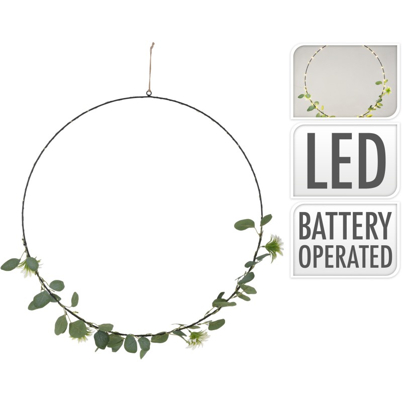 Μεταλλικό Στεφάνι Μαύρο Φωτιζόμενο Με Πράσινα Φύλλα (62εκ.) 654046